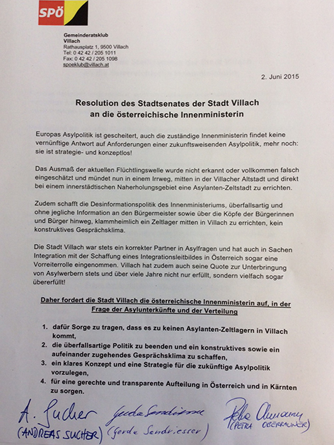 © Stadt Villach Resolution der Stadt gegen Zeltstädte